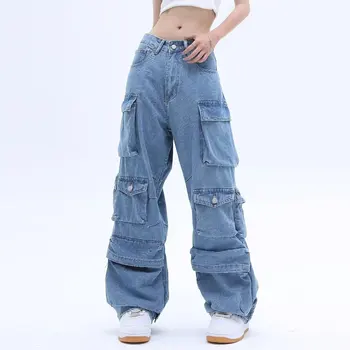 Брюки-карго с несколькими карманами, женские модные джинсы, женские джинсовые комбинезоны в стиле хип-хоп, повседневная пара брюк в стиле ретро с высокой талией, повседневные брюки в стиле ретро