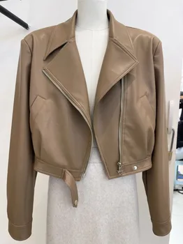 Коричневая куртка из искусственной кожи в американском ретро, Женская весенняя мотоциклетная кожаная куртка с отложным воротником, модная женская одежда