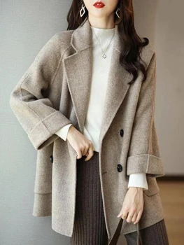 Модный осенне-зимний новинка 2023 года, Женское пальто с теплым воротником поло, шерстяное пальто средней длины с рисунком, утолщенное пальто из шерсти