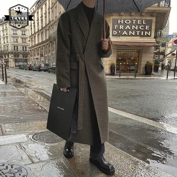 Мужское Длинное Шерстяное пальто с решеткой, Корейская Свободная мода, Уличная одежда в стиле Харадзюку, Ветровка, Мужское Повседневное Однотонное пальто с лацканами, осень